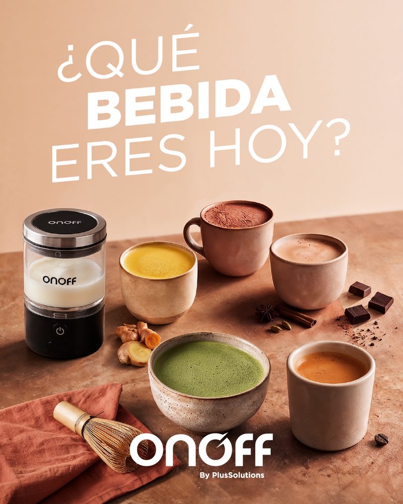 Onoff post: cups of coffee, matcha and golden milk around a small Onoff appliance, asking ¿Qué bebida eres hoy?