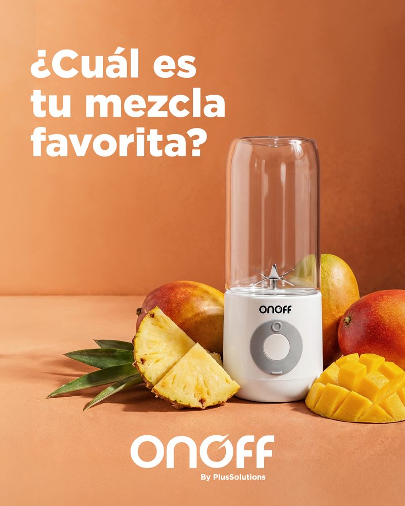 Onoff post: a white portable Onoff blender with mango and pineapple, asking ¿Cuál es tu mezcla favorita?