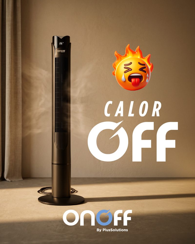 Onoff post: a black tower fan beside a sweating emoji and the line Calor OFF